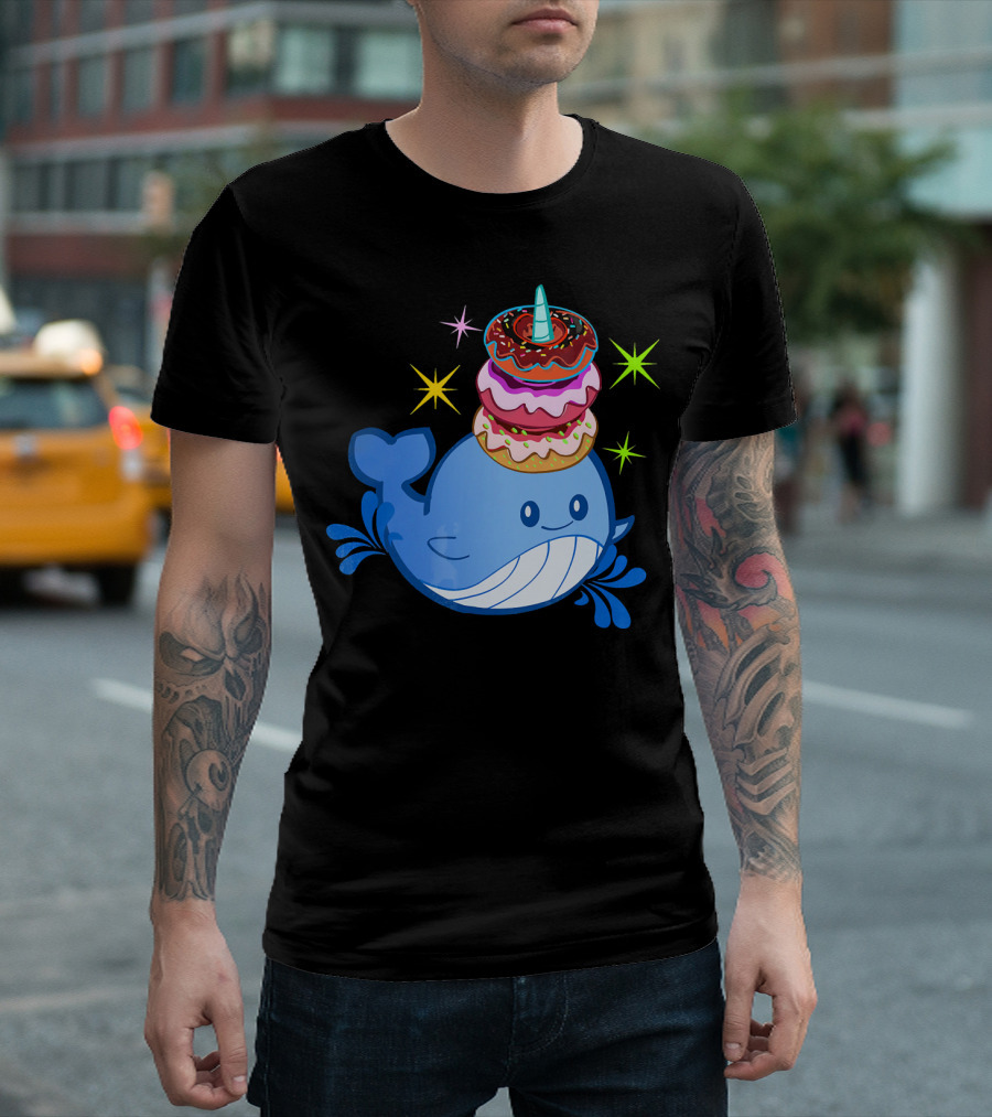 Cute Narwhal Balancing Colorful Donuts T-Shirt