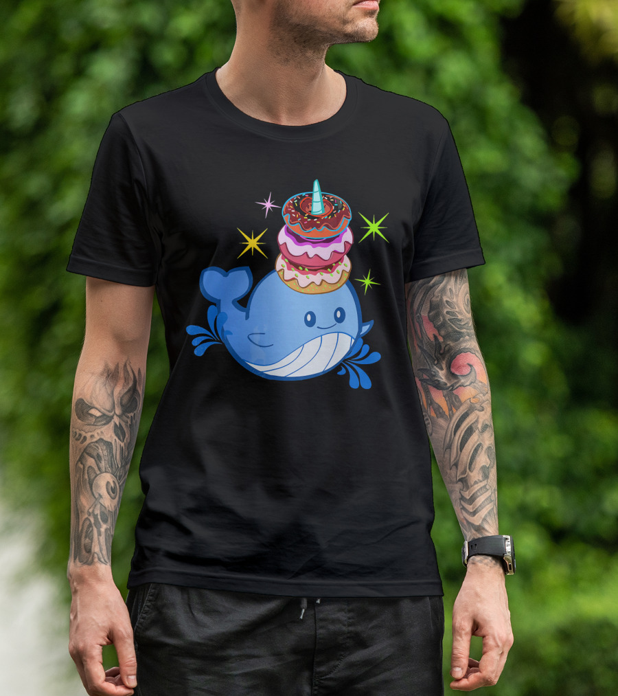 Cute Narwhal Balancing Colorful Donuts T-Shirt