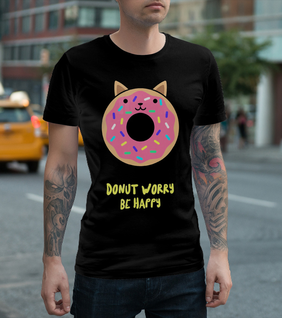Kawaii Japanese Anime Pink Sprinkle Cat Donut Worry Be Happy T-Shirt