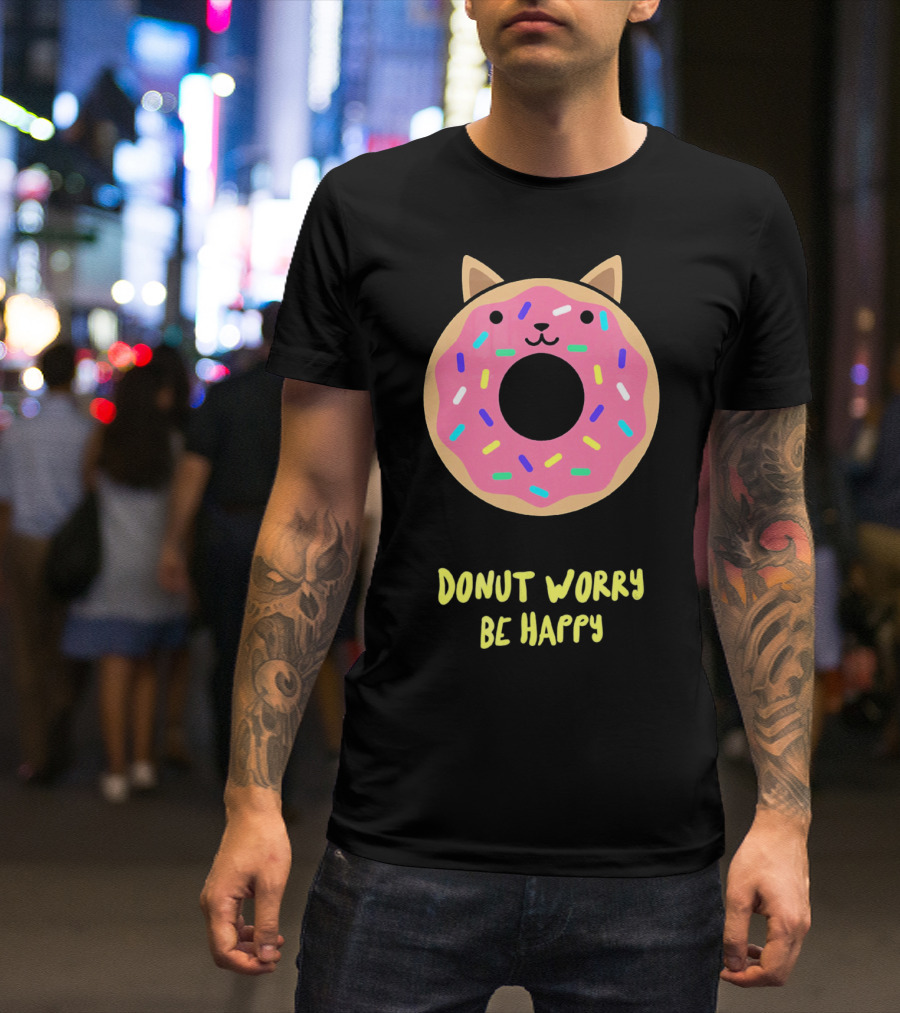 Kawaii Japanese Anime Pink Sprinkle Cat Donut Worry Be Happy T-Shirt