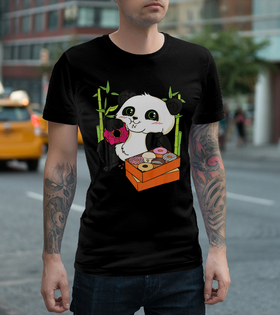 Panda Enjoying Box Of Colorful Donuts With Bamboo Background T-Shirt