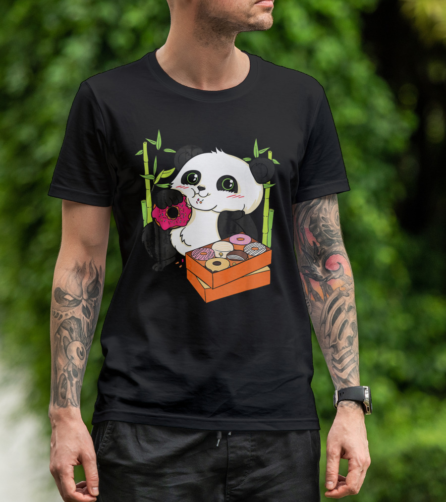 Panda Enjoying Box Of Colorful Donuts With Bamboo Background T-Shirt