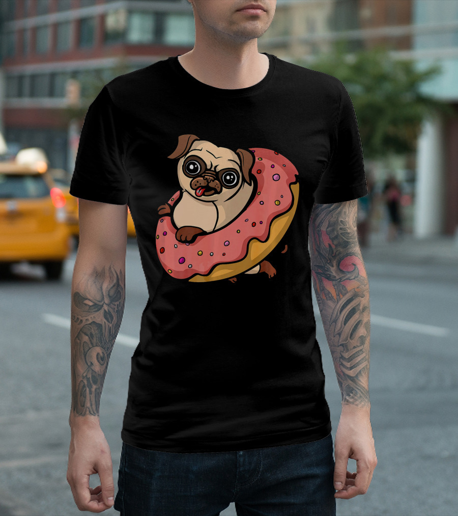 Pug Dog with Pink Frosted Donut Lover T-Shirt