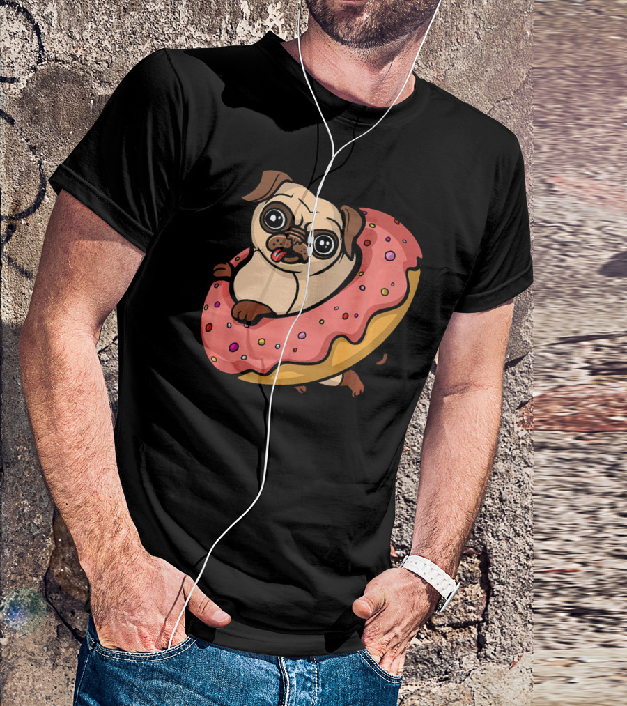 Pug Dog With Pink Frosted Donut Lover T-Shirt