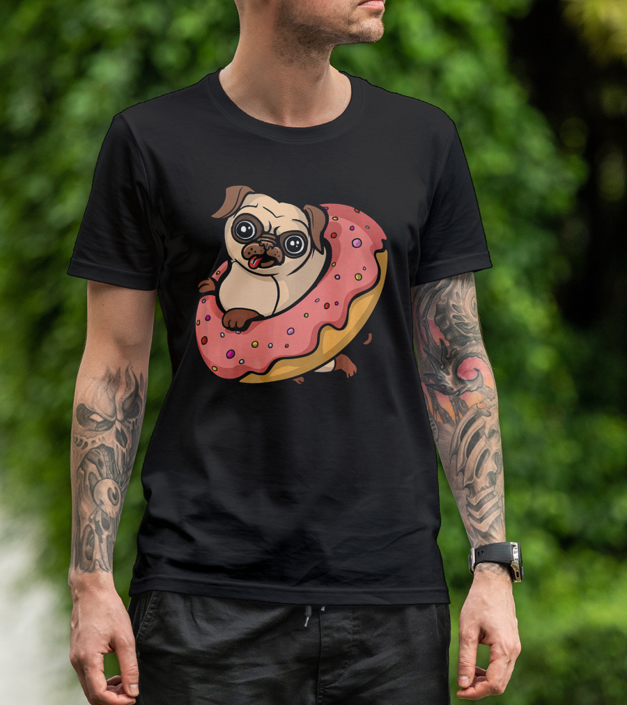 Pug Dog With Pink Frosted Donut Lover T-Shirt