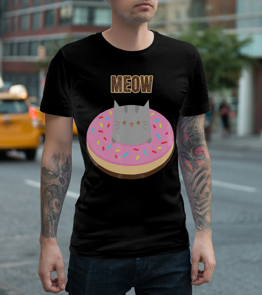 MEOW Adorable Cat Sitting in Colorful Donut T-Shirt