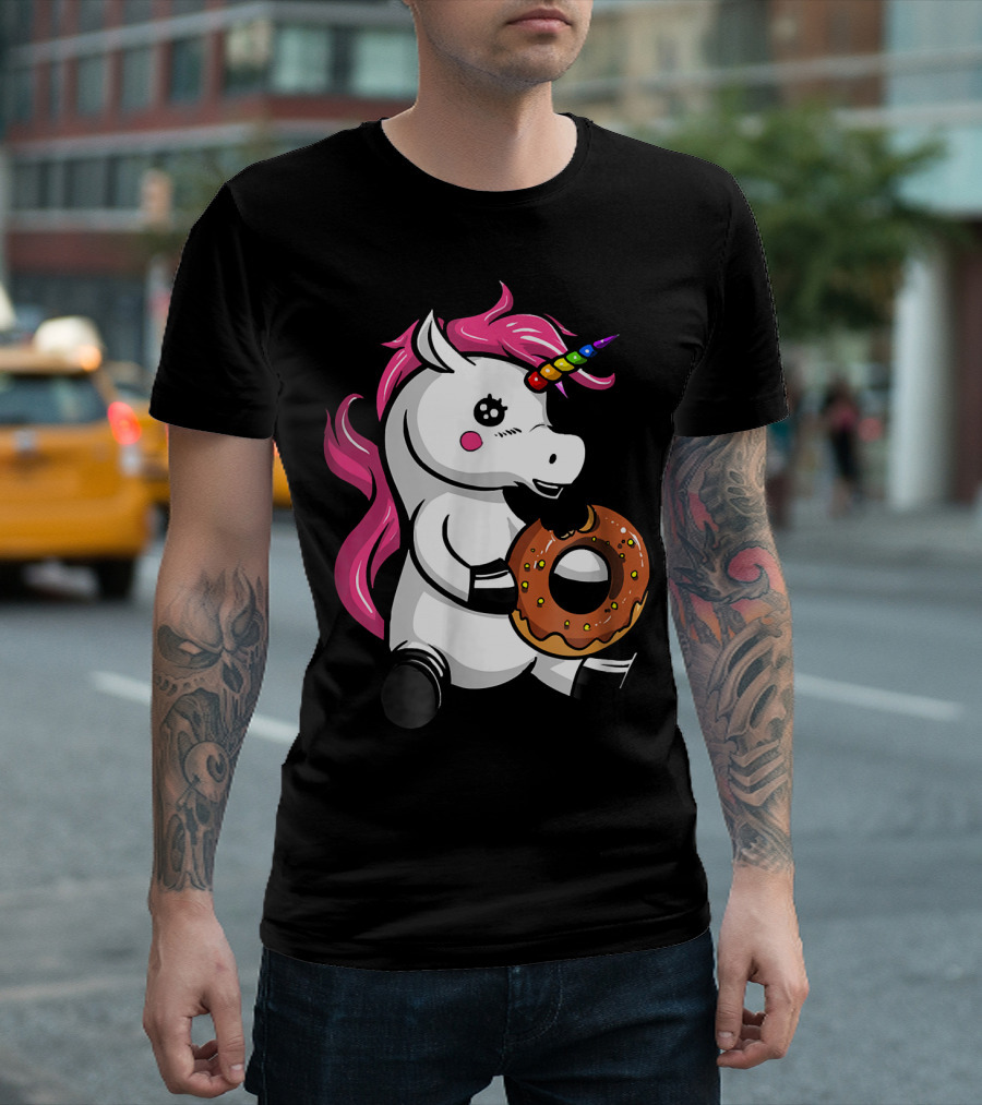 Magical Unicorn With Rainbow Horn Enjoying Chocolate Donut T-Shirt