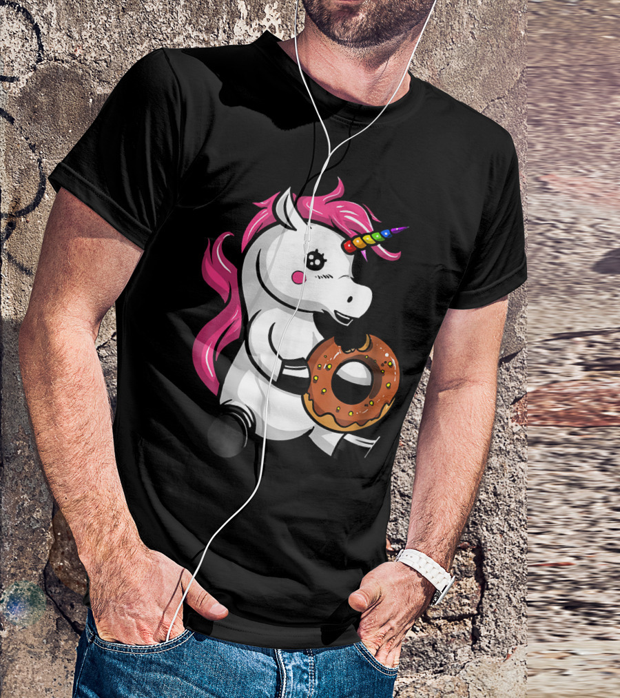 Magical Unicorn With Rainbow Horn Enjoying Chocolate Donut T-Shirt