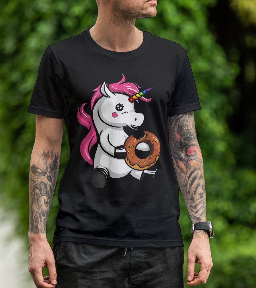Magical Unicorn With Rainbow Horn Enjoying Chocolate Donut T-Shirt