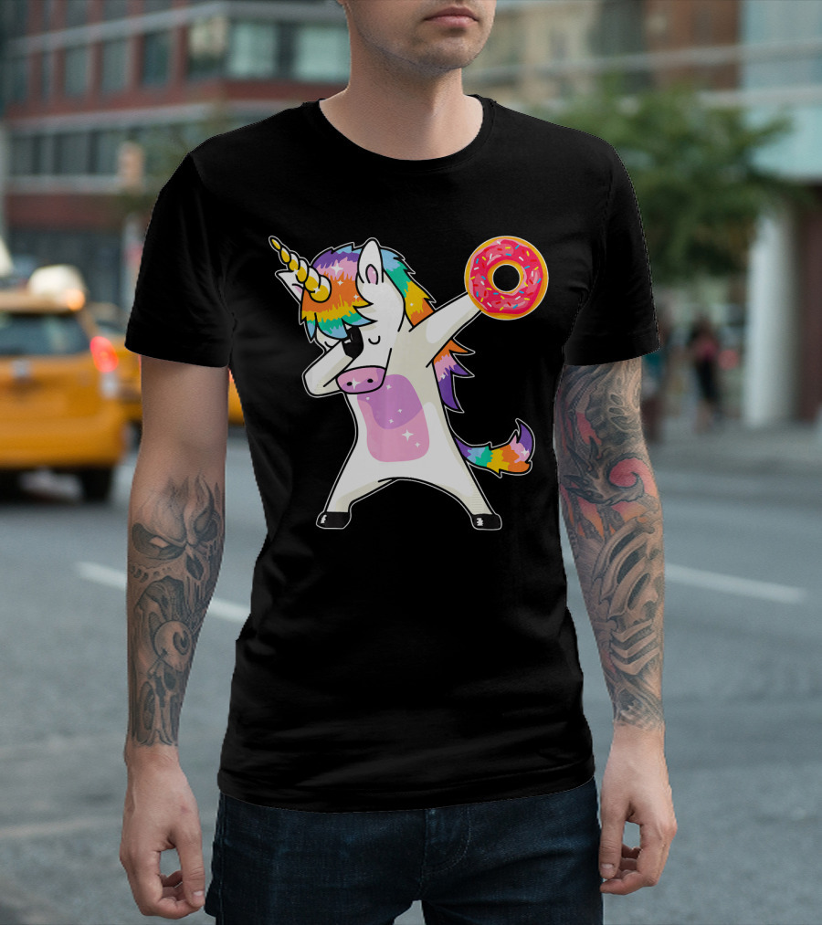 Cute Dabbing Rainbow Unicorn Holding Doughnut Donut T-Shirt