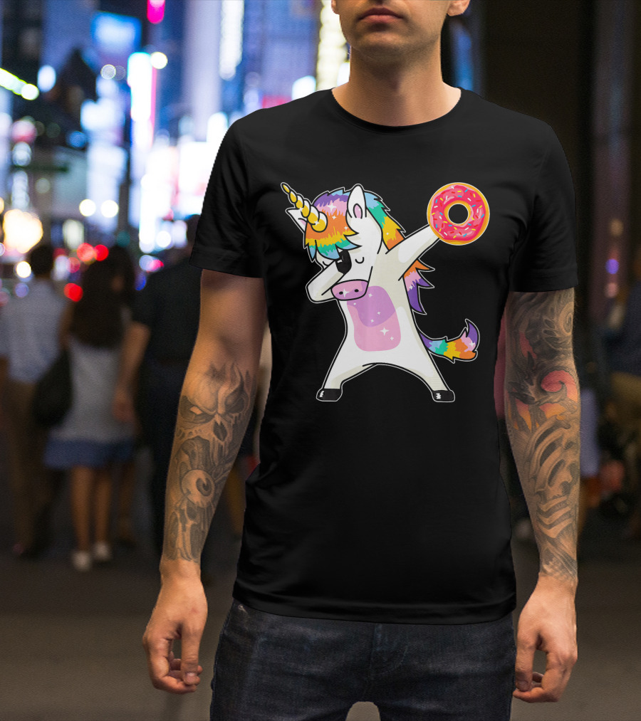 Cute Dabbing Rainbow Unicorn Holding Doughnut Donut T-Shirt