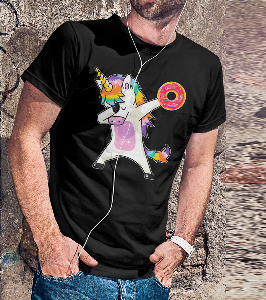 Cute Dabbing Rainbow Unicorn Holding Doughnut Donut T-Shirt