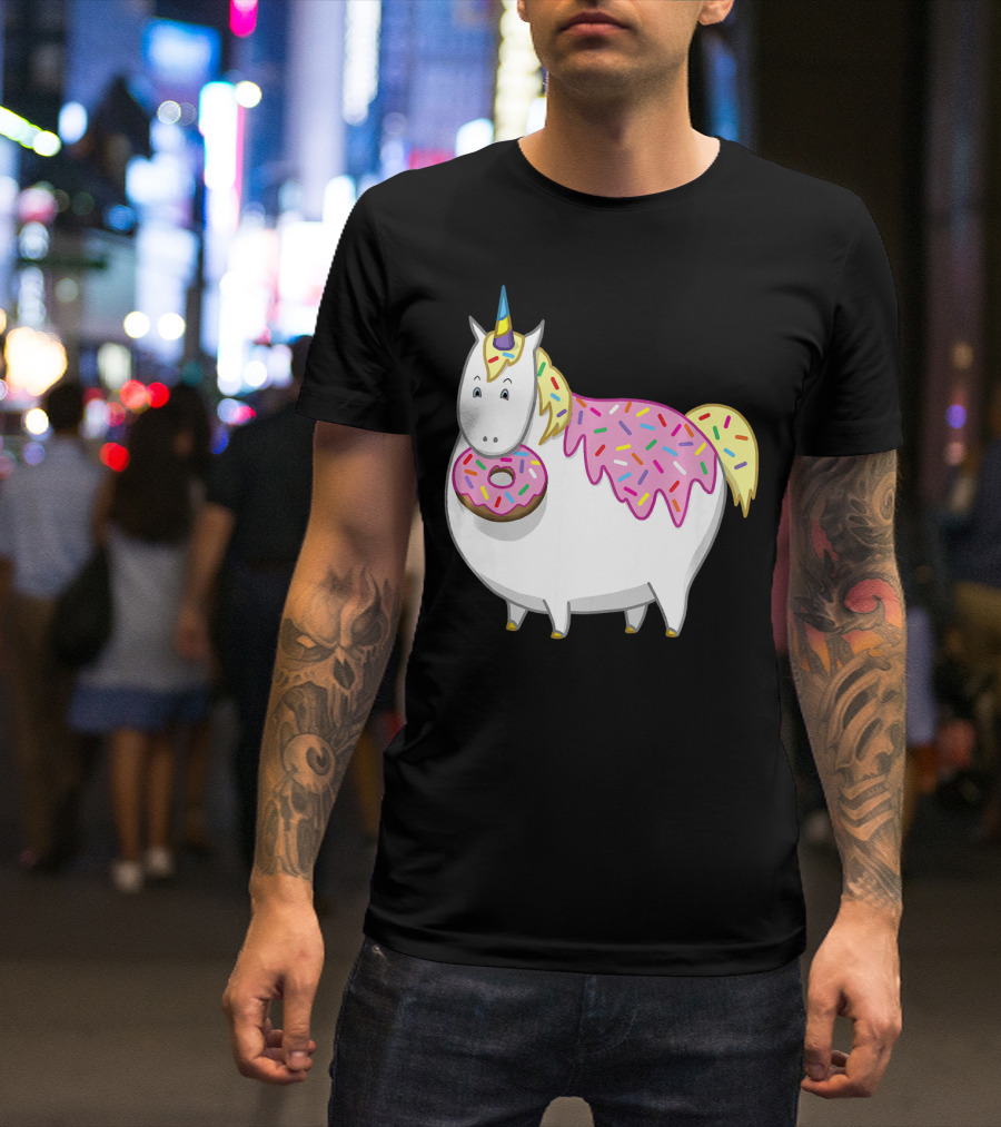 Funny Cute Fat Unicorn With Pink Frosting Doughnut T-Shirt