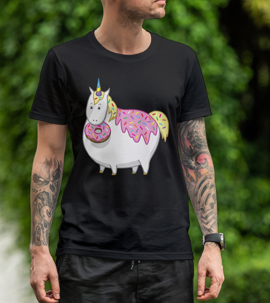 Funny Cute Fat Unicorn With Pink Frosting Doughnut T-Shirt