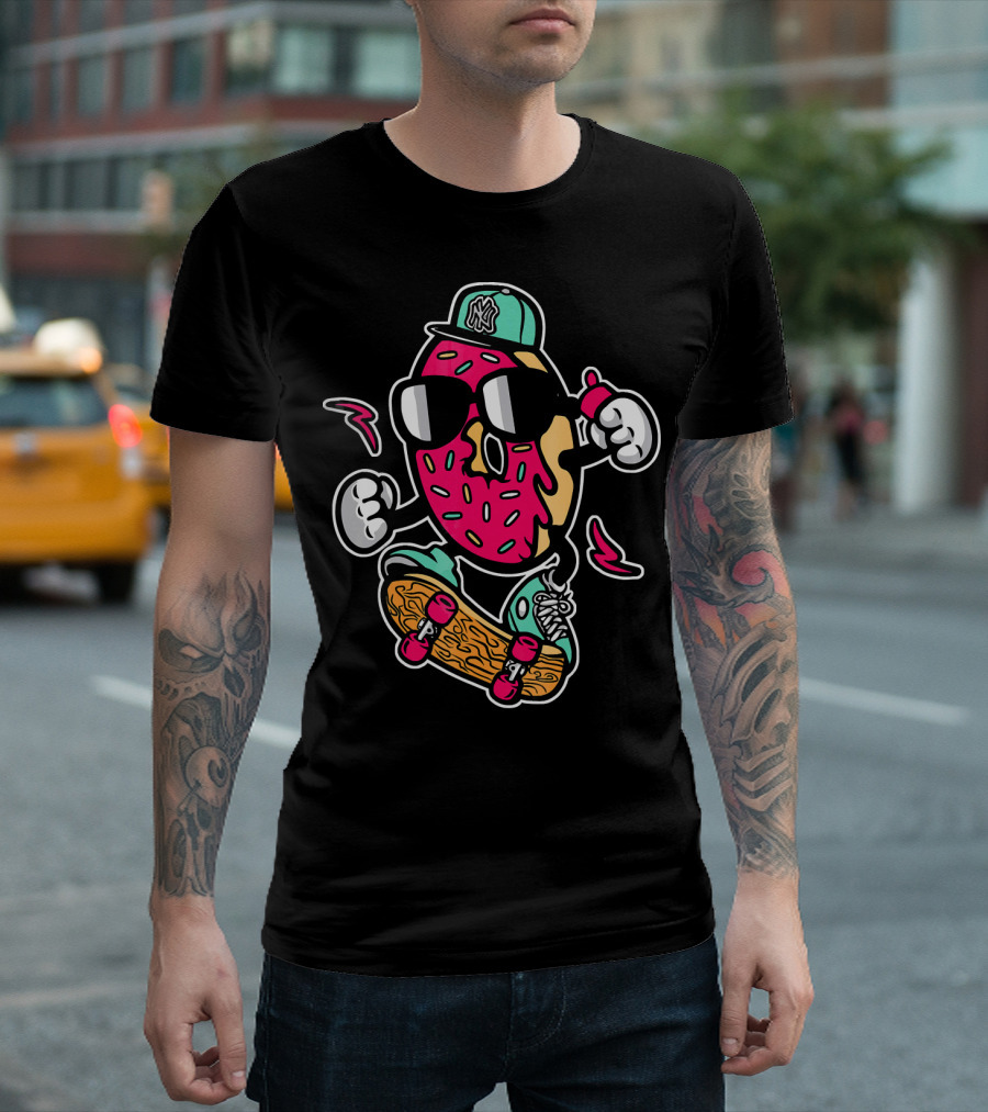 Cute Funny Unique Donut Skateboard Car with NY Hat T-Shirt