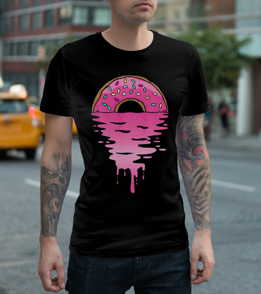 Pink Glazed Donut Melting Into Sunset Horizon T-Shirt