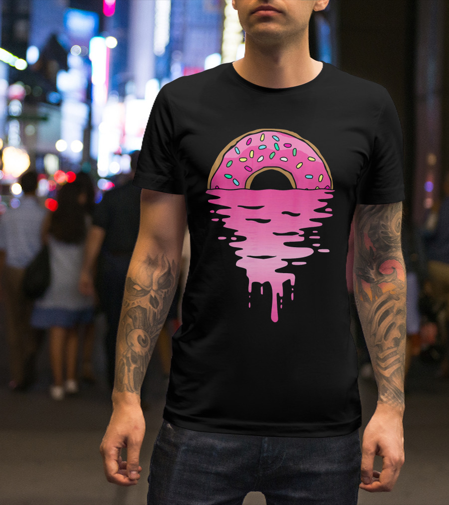 Pink Glazed Donut Melting Into Sunset Horizon T-Shirt