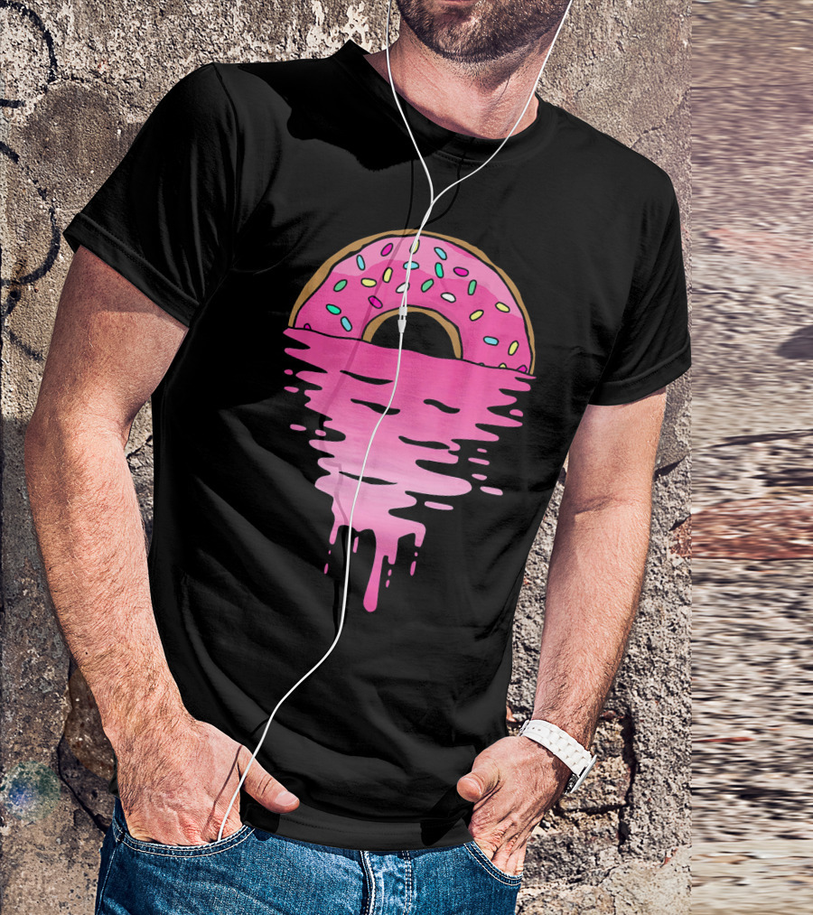 Pink Glazed Donut Melting Into Sunset Horizon T-Shirt