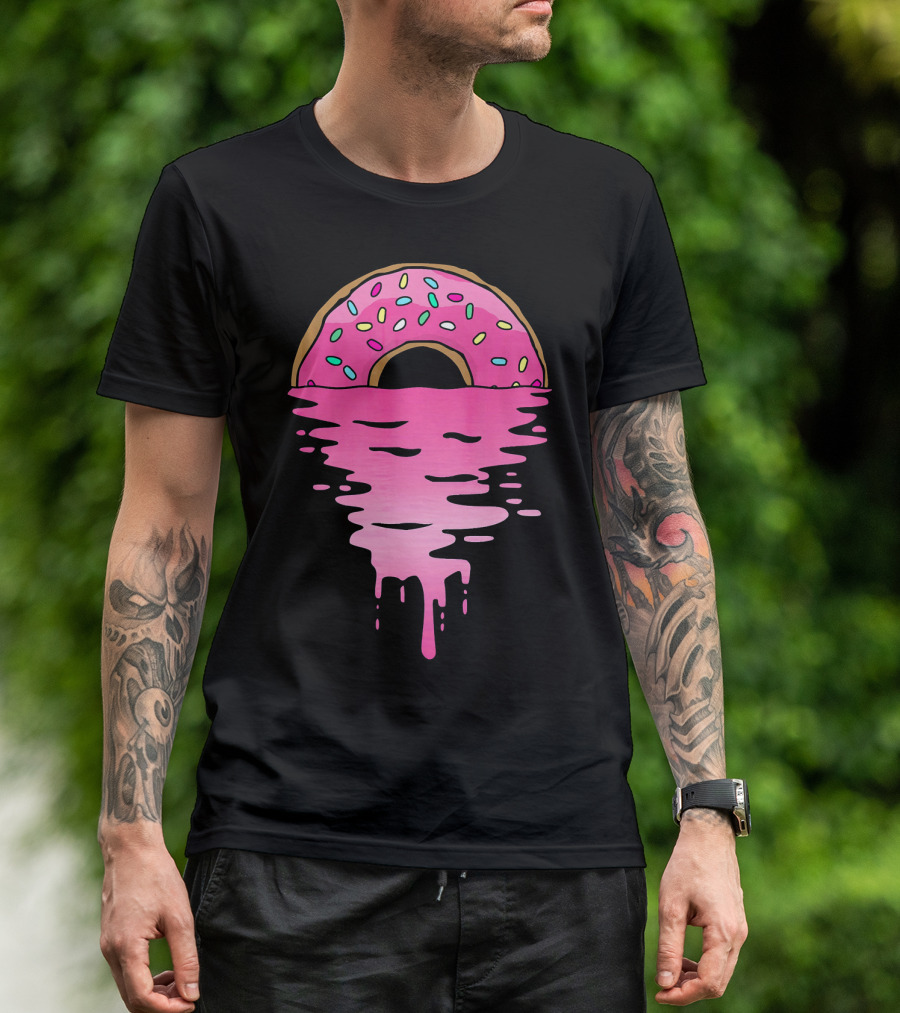 Pink Glazed Donut Melting Into Sunset Horizon T-Shirt