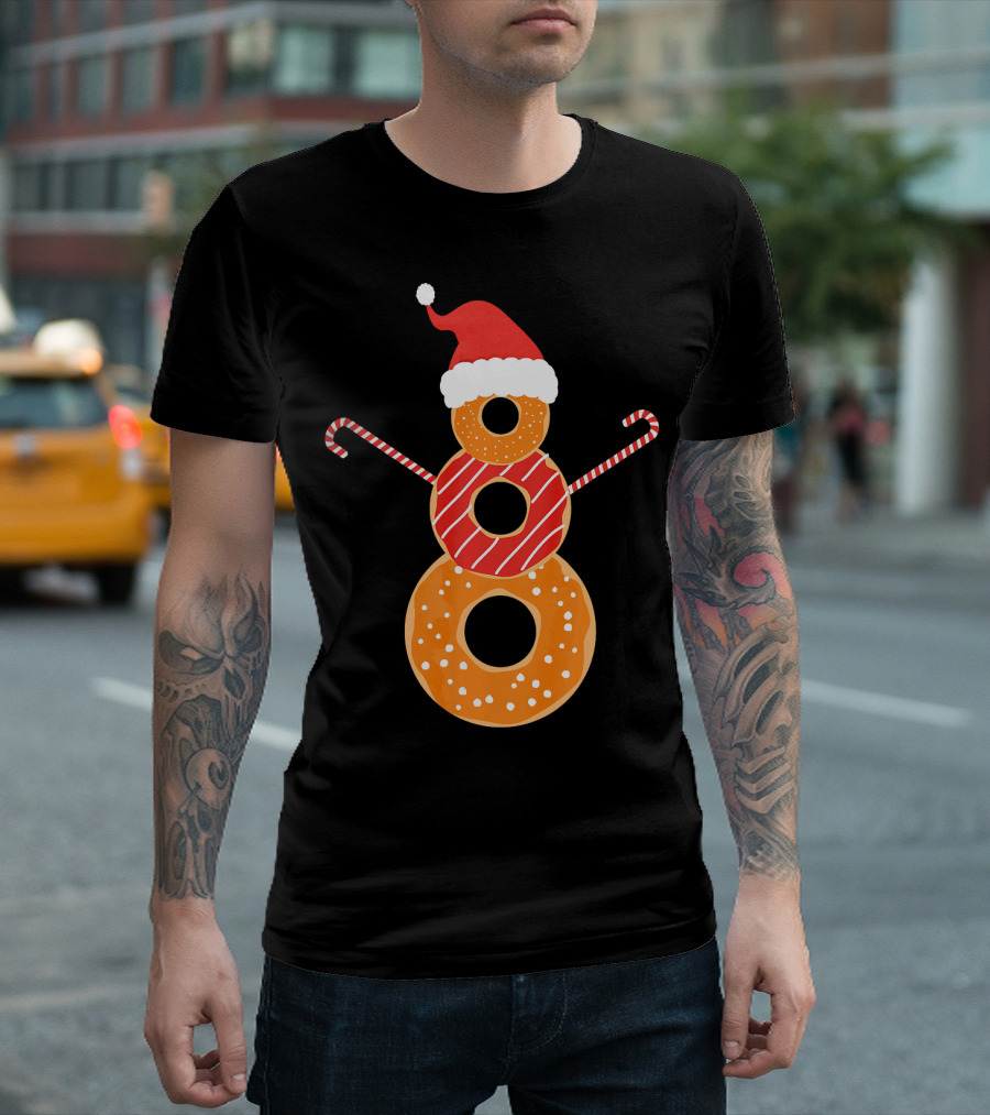 Santa Hat Donuts Doughnut Snowman with Candy Cane Arms T-Shirt