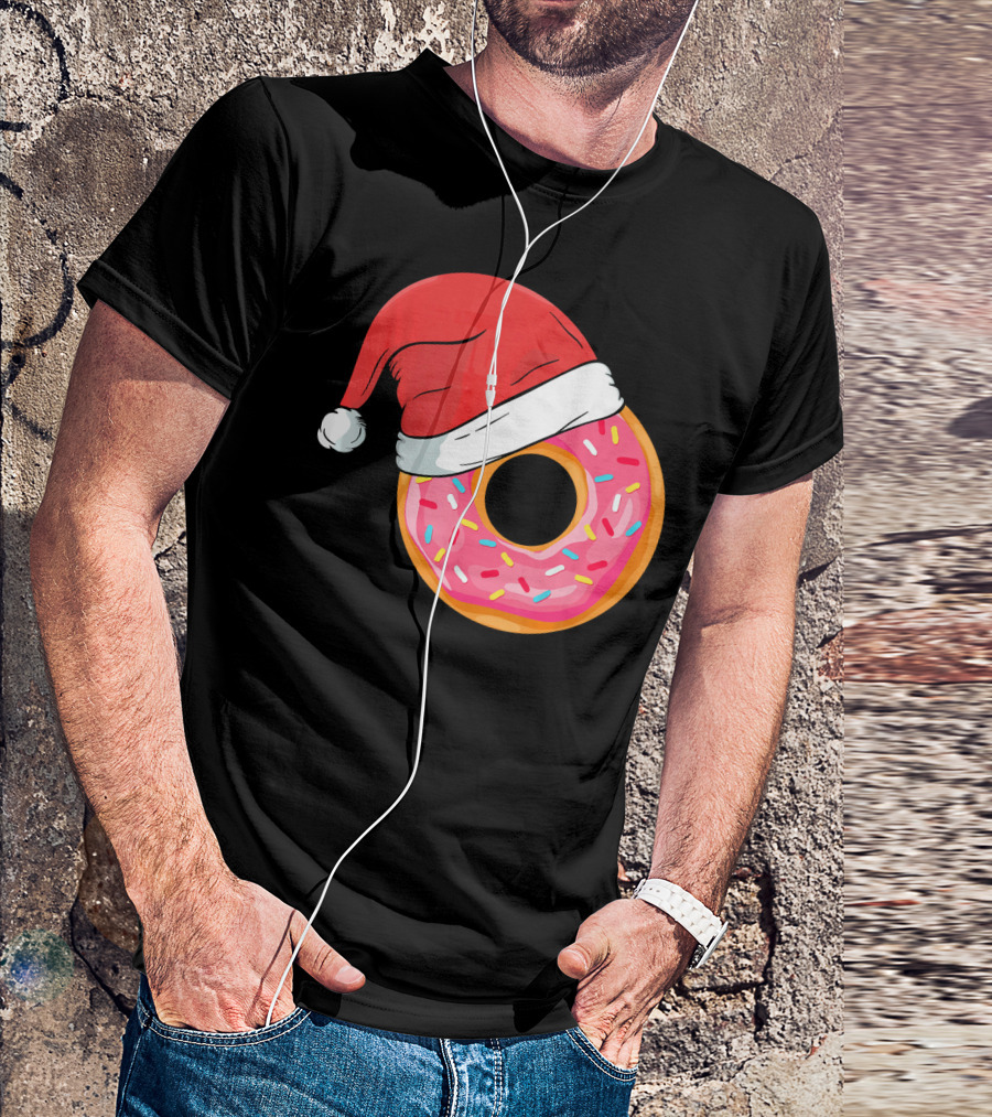 Santa Hat On Sprinkled Donut Holiday Humor T-Shirt