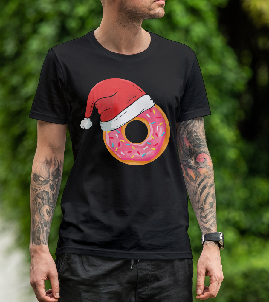Santa Hat On Sprinkled Donut Holiday Humor T-Shirt