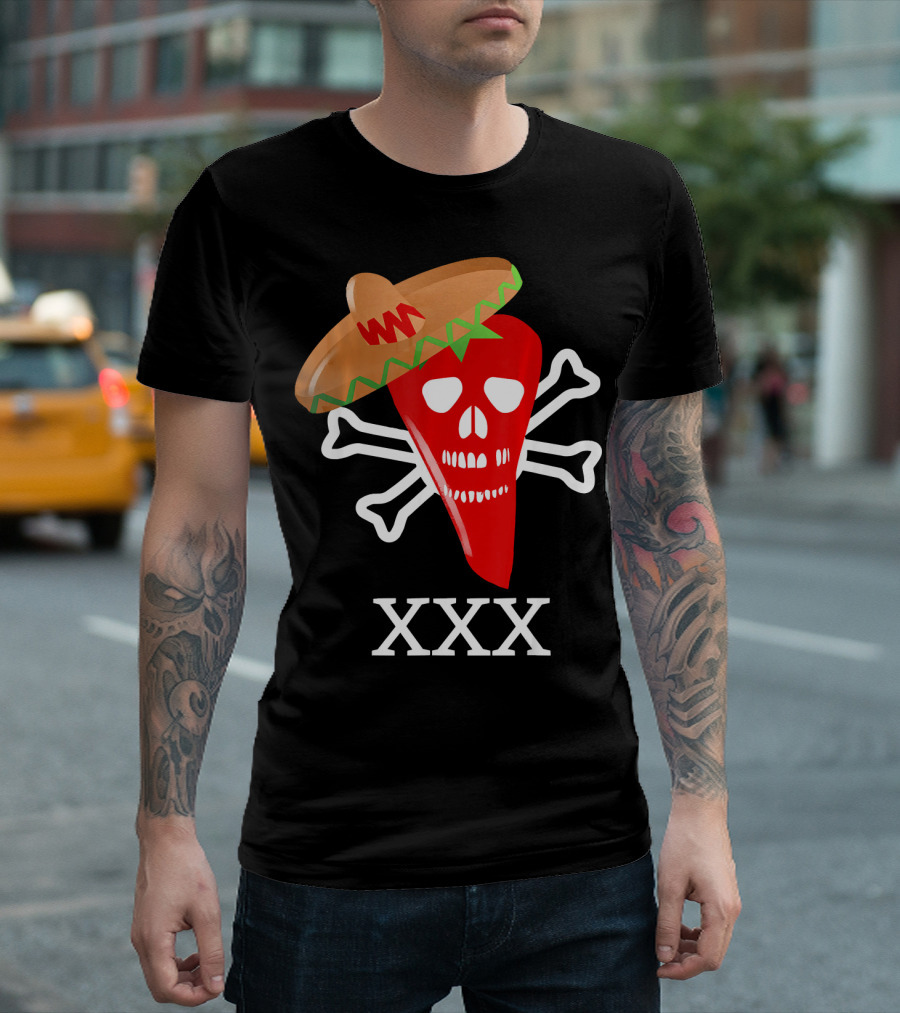 Funny Red Hot Chili Pepper Sombrero Skull Crossbones XXX T-Shirt