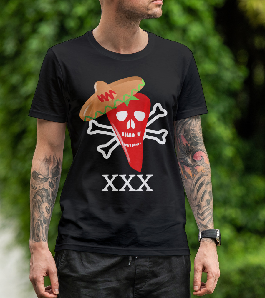 Funny Red Hot Chili Pepper Sombrero Skull Crossbones XXX T-Shirt