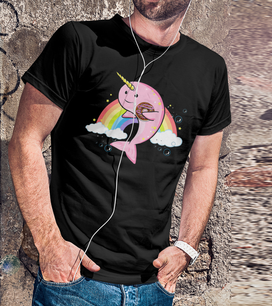 Funny Narwhal Unicorn Of The Sea With Donut On Rainbow Cloud T-Shirt