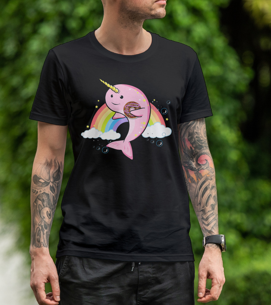 Funny Narwhal Unicorn Of The Sea With Donut On Rainbow Cloud T-Shirt