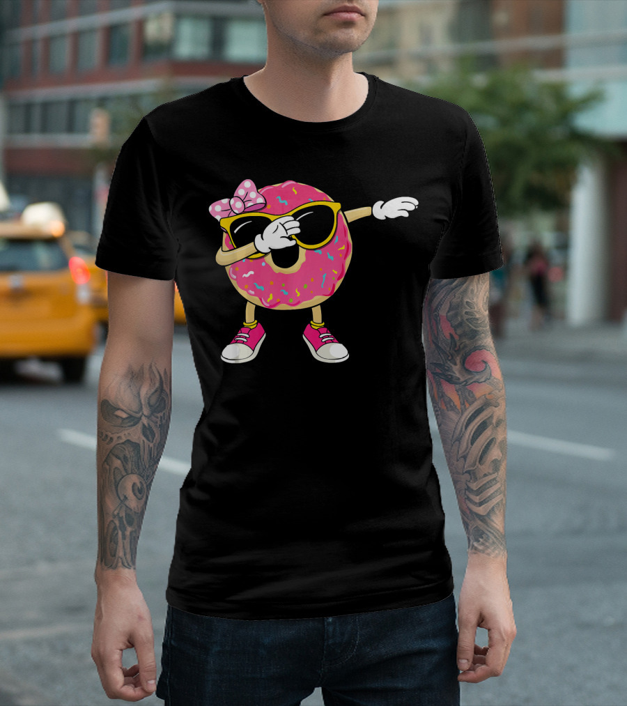 Dabbing Donut With Pink Frosting Sunglasses And Bow T-Shirt