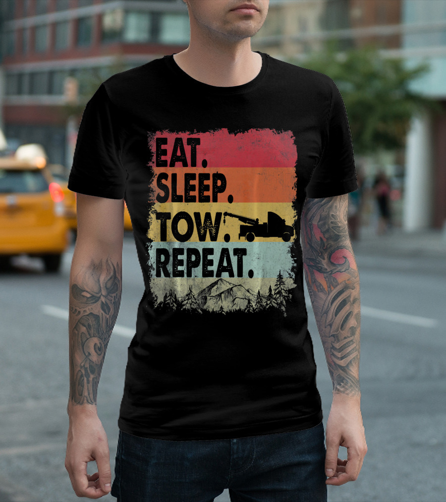 Eat Sleep Tow Repeat Funny Tow Truck Vintage Sunset Mountains Forest T-Shirt