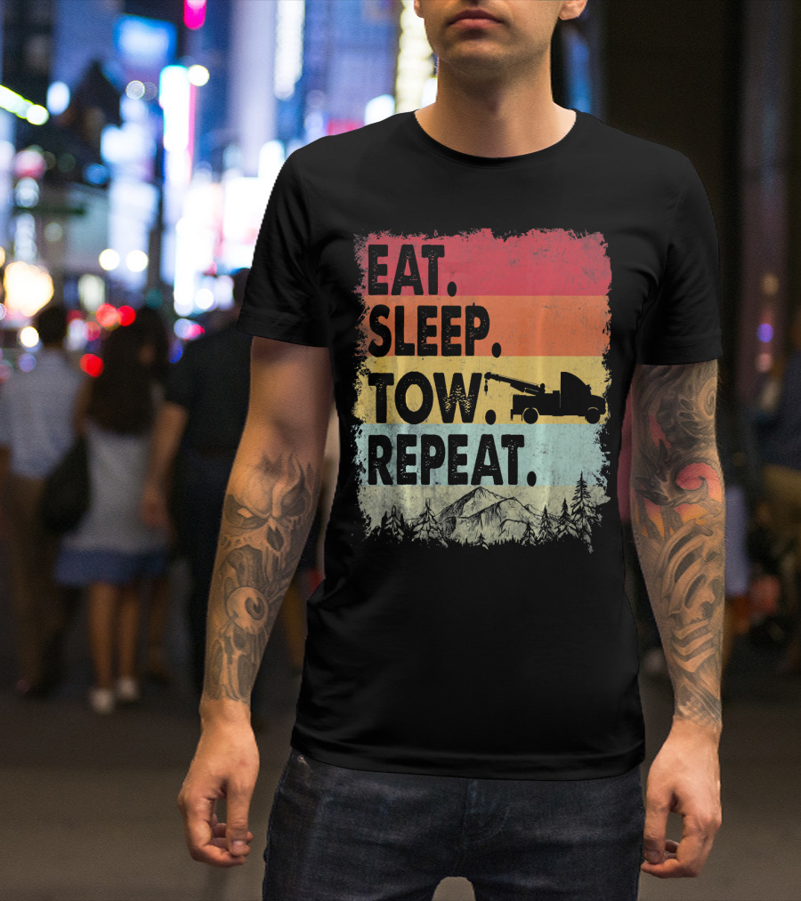 Eat Sleep Tow Repeat Funny Tow Truck Vintage Sunset Mountains Forest T-Shirt