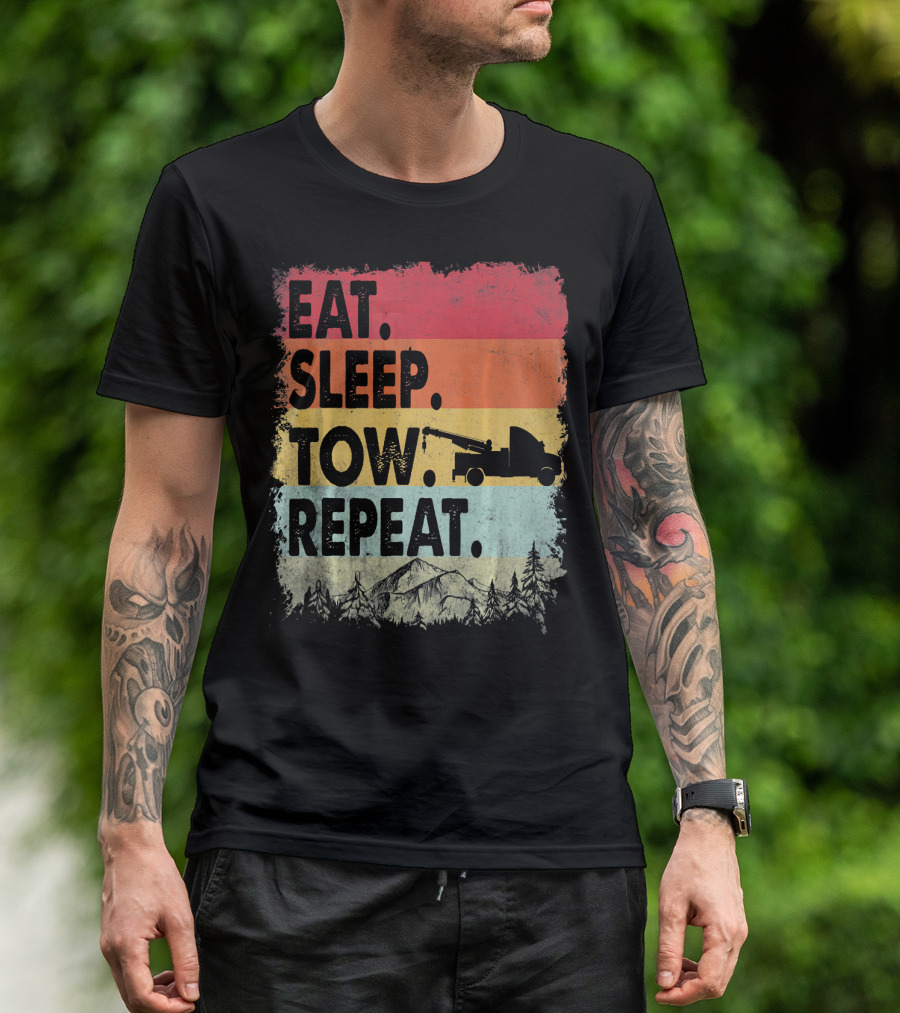 Eat Sleep Tow Repeat Funny Tow Truck Vintage Sunset Mountains Forest T-Shirt