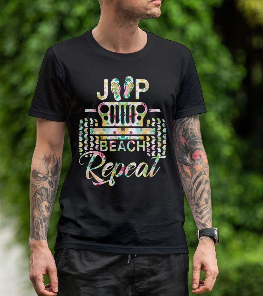 Jeep Beach Repeat Summer Flip Flop Flower T-Shirt