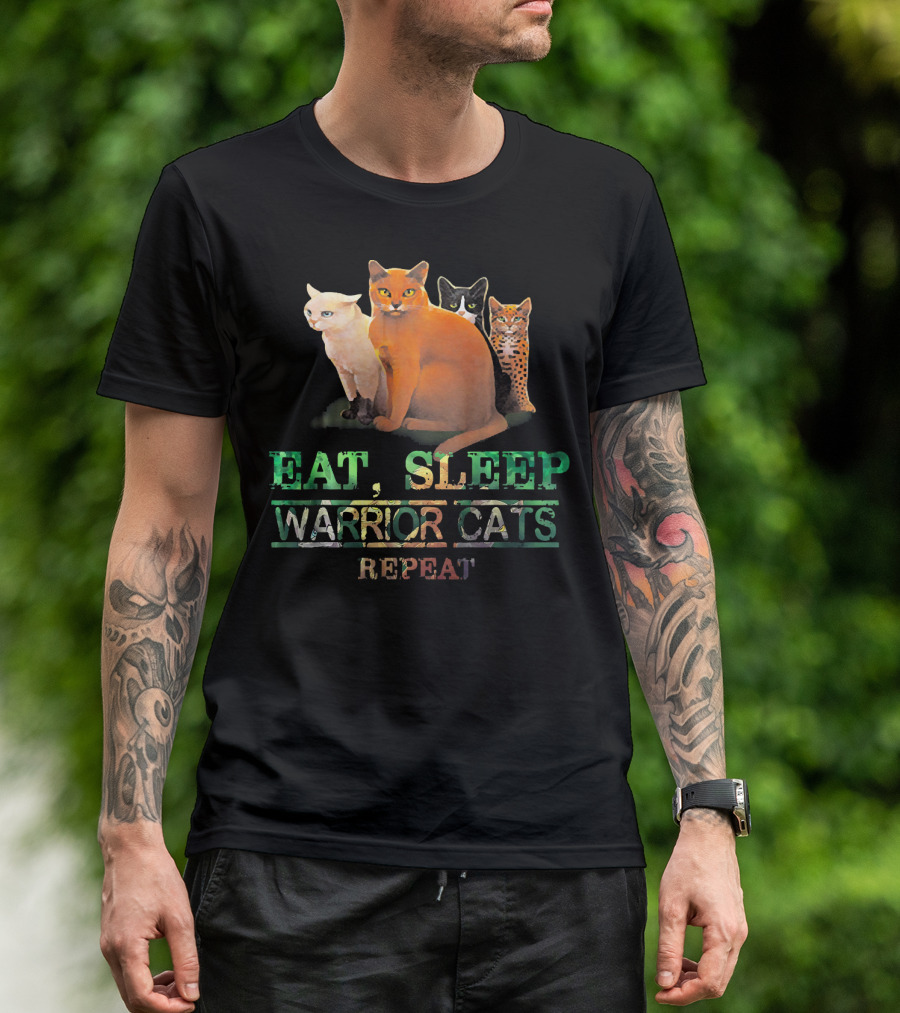 Eat Sleep Warrior Cats Repeat Funny Cat Illustration With Four Colorful Feline Characters T-Shirt