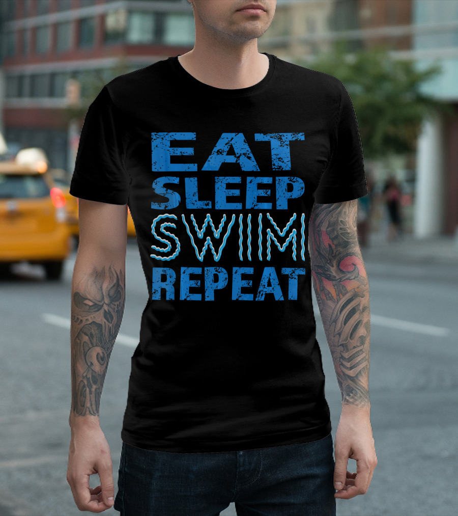 Eat Sleep Swim Repeat Wavy Text Blue T-Shirt
