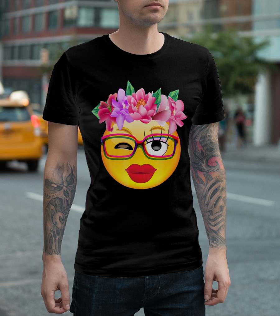 Emoji Face Smiley Emoticon Nerd Winking Glasses and Flower Crown T-Shirt