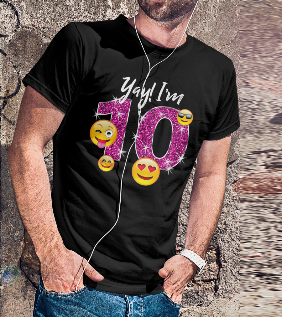 Yay I'm 10 Funny Emoji Birthday Celebration With Sparkly Pink Number And Smiling Faces T-Shirt