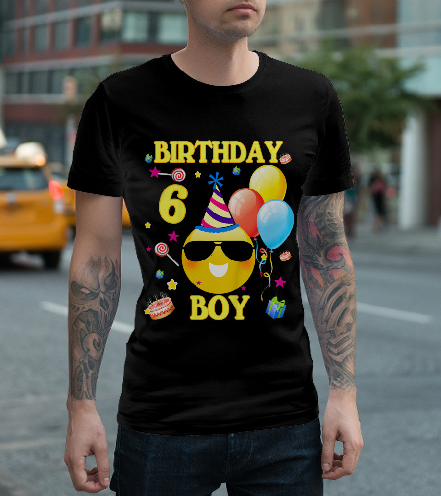 Birthday 6 Boy Emoji with Party Hat and Balloons T-Shirt