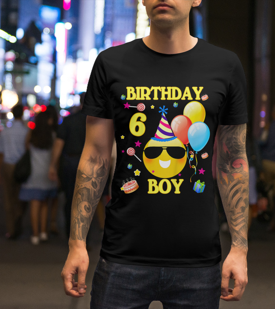 Birthday 6 Boy Emoji With Party Hat And Balloons T-Shirt