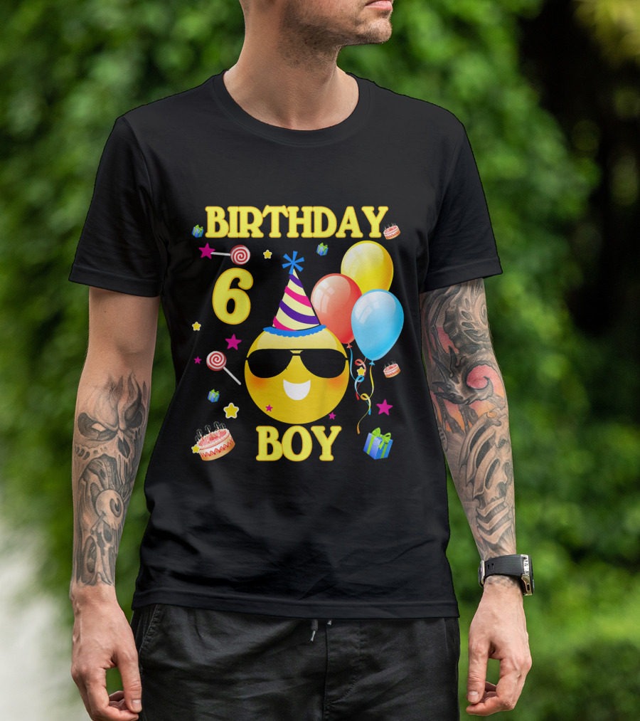 Birthday 6 Boy Emoji With Party Hat And Balloons T-Shirt