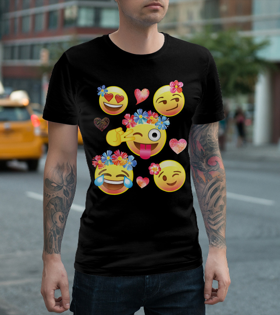 Cute Emoji Flower Crowns Heart Eyes Wink Tongue Out Laughing Crying Hearts T-Shirt