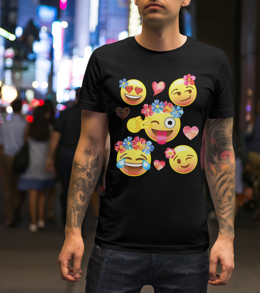 Cute Emoji Flower Crowns Heart Eyes Wink Tongue Out Laughing Crying Hearts T-Shirt