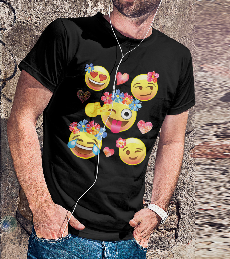 Cute Emoji Flower Crowns Heart Eyes Wink Tongue Out Laughing Crying Hearts T-Shirt