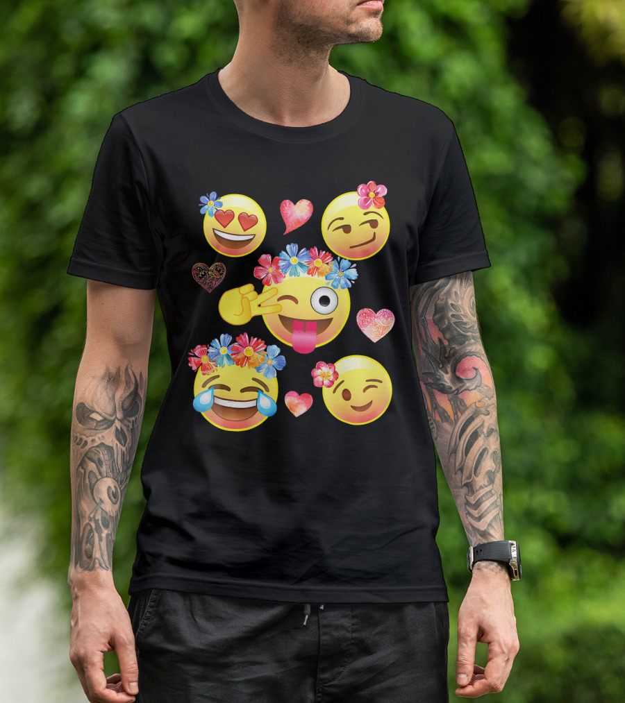 Cute Emoji Flower Crowns Heart Eyes Wink Tongue Out Laughing Crying Hearts T-Shirt
