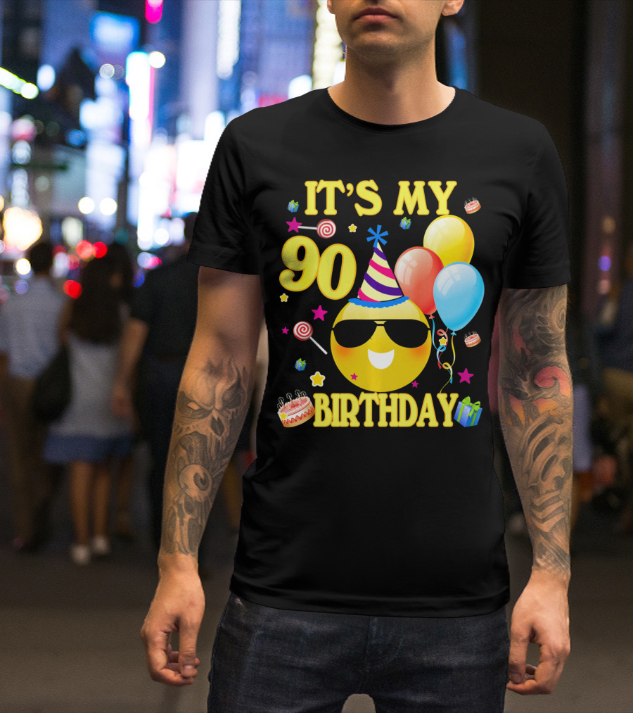 It's My 90 Birthday Cute Emoji Cake Balloons Party Hat T-Shirt