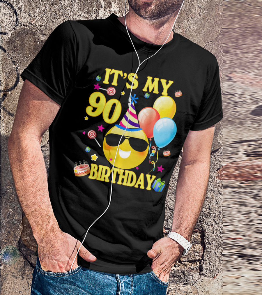It's My 90 Birthday Cute Emoji Cake Balloons Party Hat T-Shirt