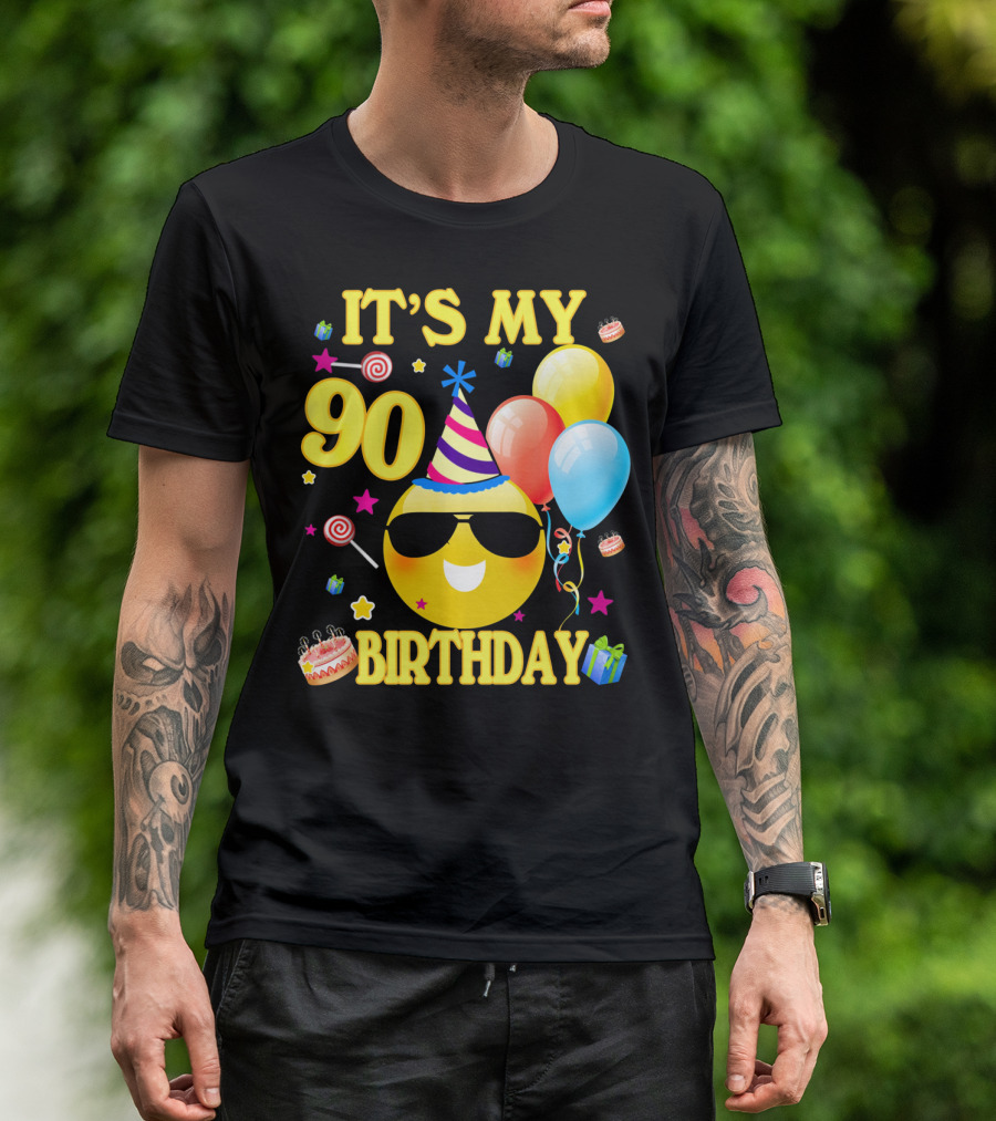 It's My 90 Birthday Cute Emoji Cake Balloons Party Hat T-Shirt