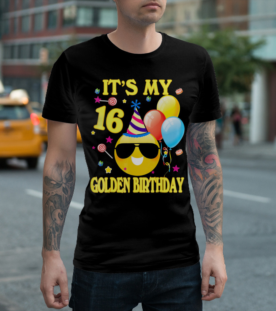 It's My 16 Golden Birthday Emoji Balloons Party Hat T-Shirt